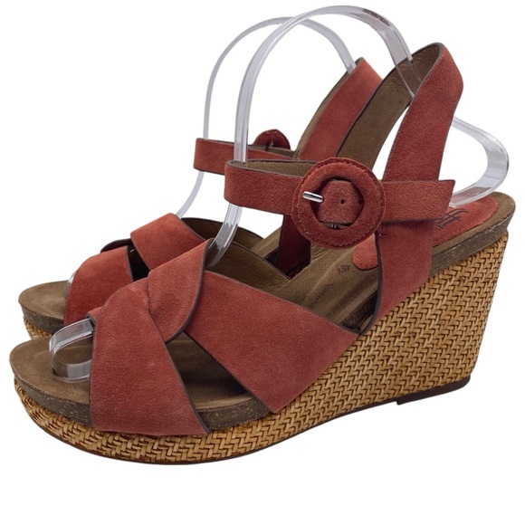 Sofft Shoes - Sofft Womens Shoes Casidy Wedge Sandals 9.5 Coral Orange Suede Leather Platform